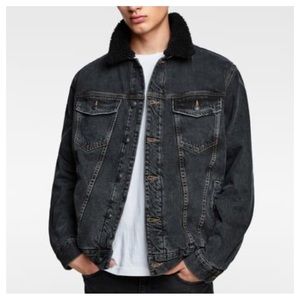 Zara Man Sherpa Lined Gray Denim & Black Fur Inside Jacket Mens Size L
